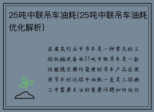 25吨中联吊车油耗(25吨中联吊车油耗优化解析)