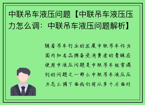 中联吊车液压问题【中联吊车液压压力怎么调：中联吊车液压问题解析】